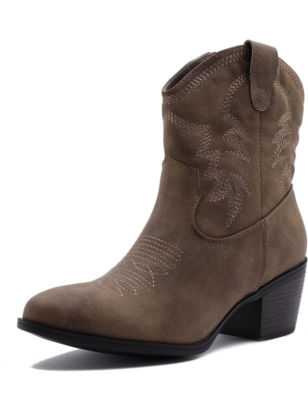 Women's Camel 1 Pointed Toe Cowgirl Faux Leather Side Zipper Ankle Booties
